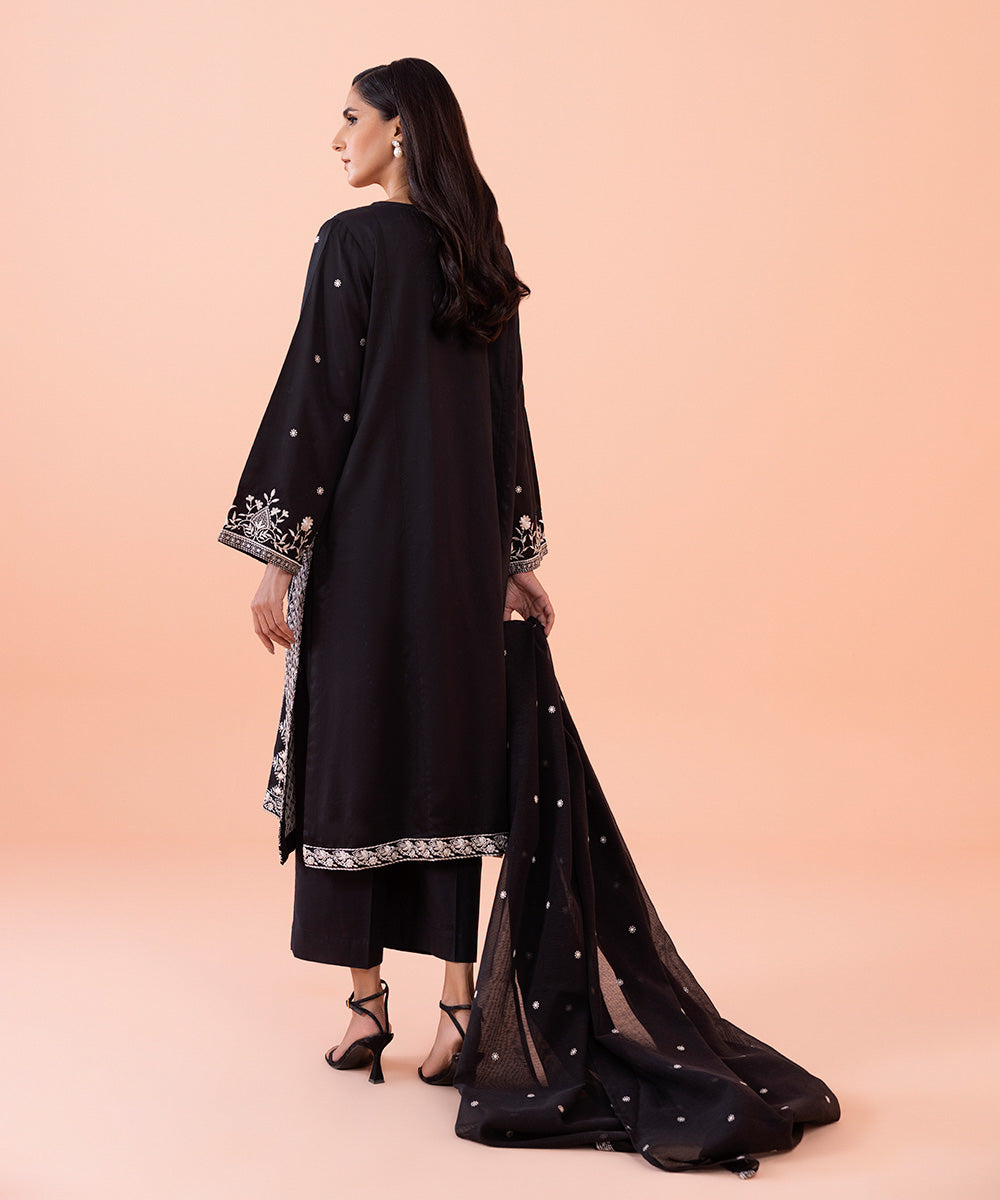 Women's Intermix Pret Chikankari Embroidered Fine Cotton Satin Black 2 Piece Suit