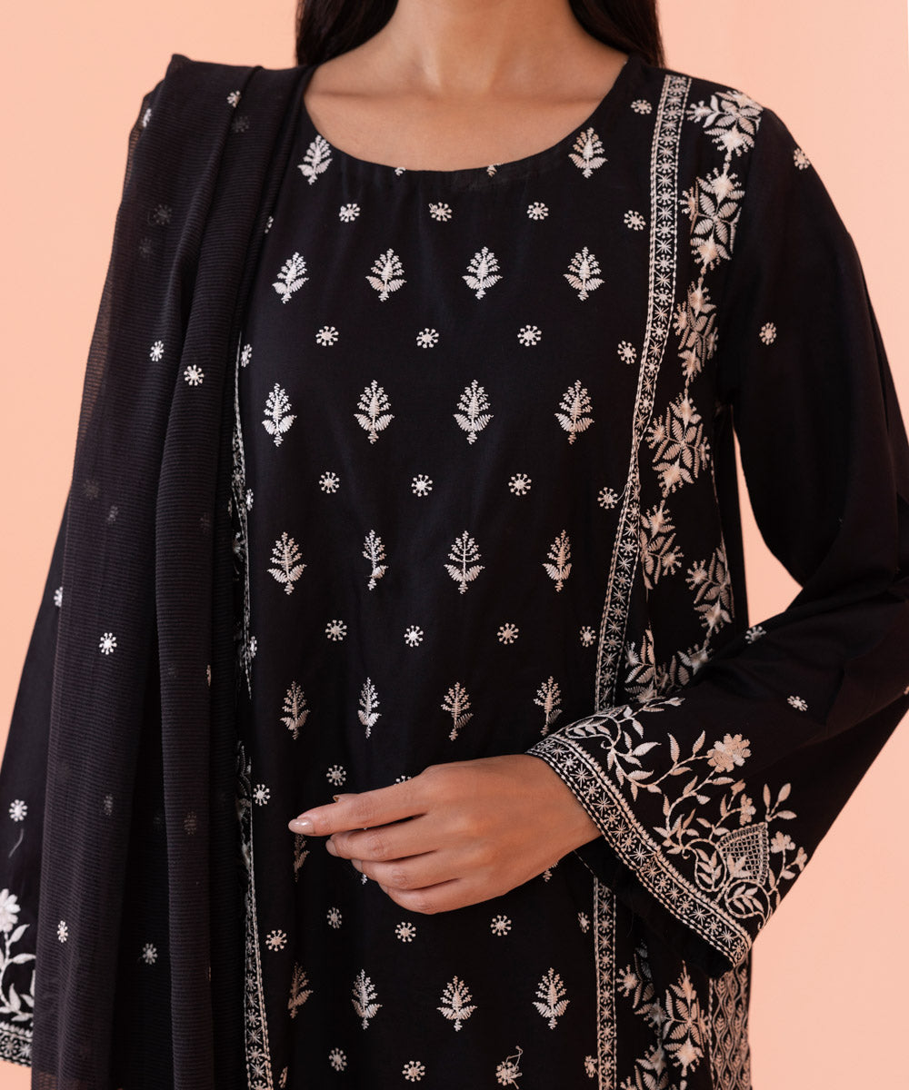 Women's Intermix Pret Chikankari Embroidered Fine Cotton Satin Black 2 Piece Suit