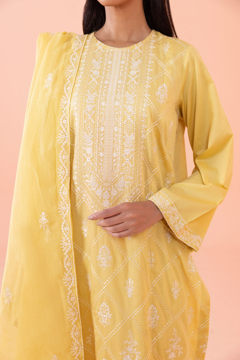 Women's Intermix Pret Chikankari Embroidered Fine Cotton Satin Yellow 2 Piece Suit