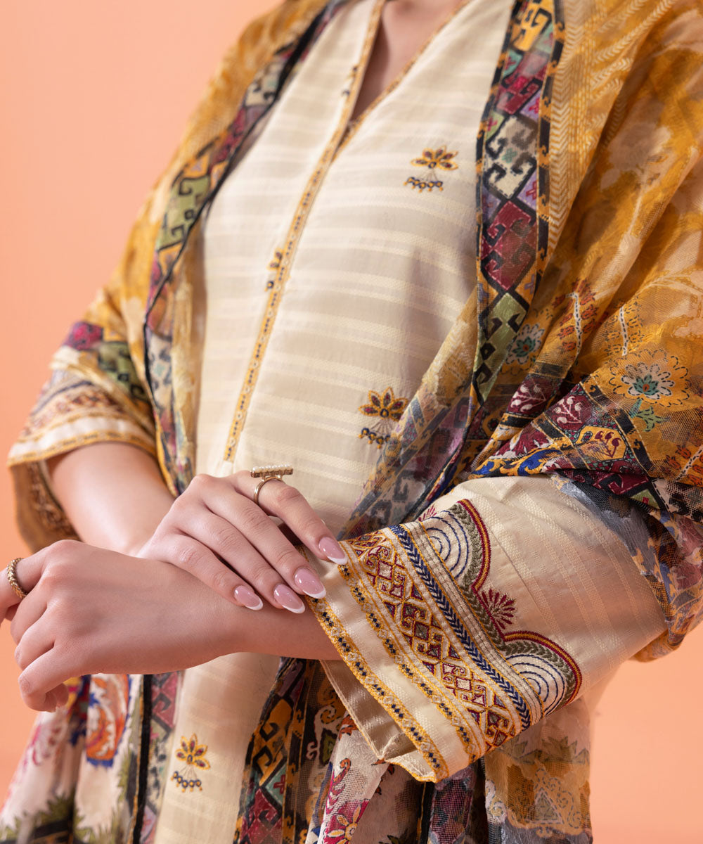 Women's Intermix Pret Embroidered Textured Cotton Beige 2 Piece Suit