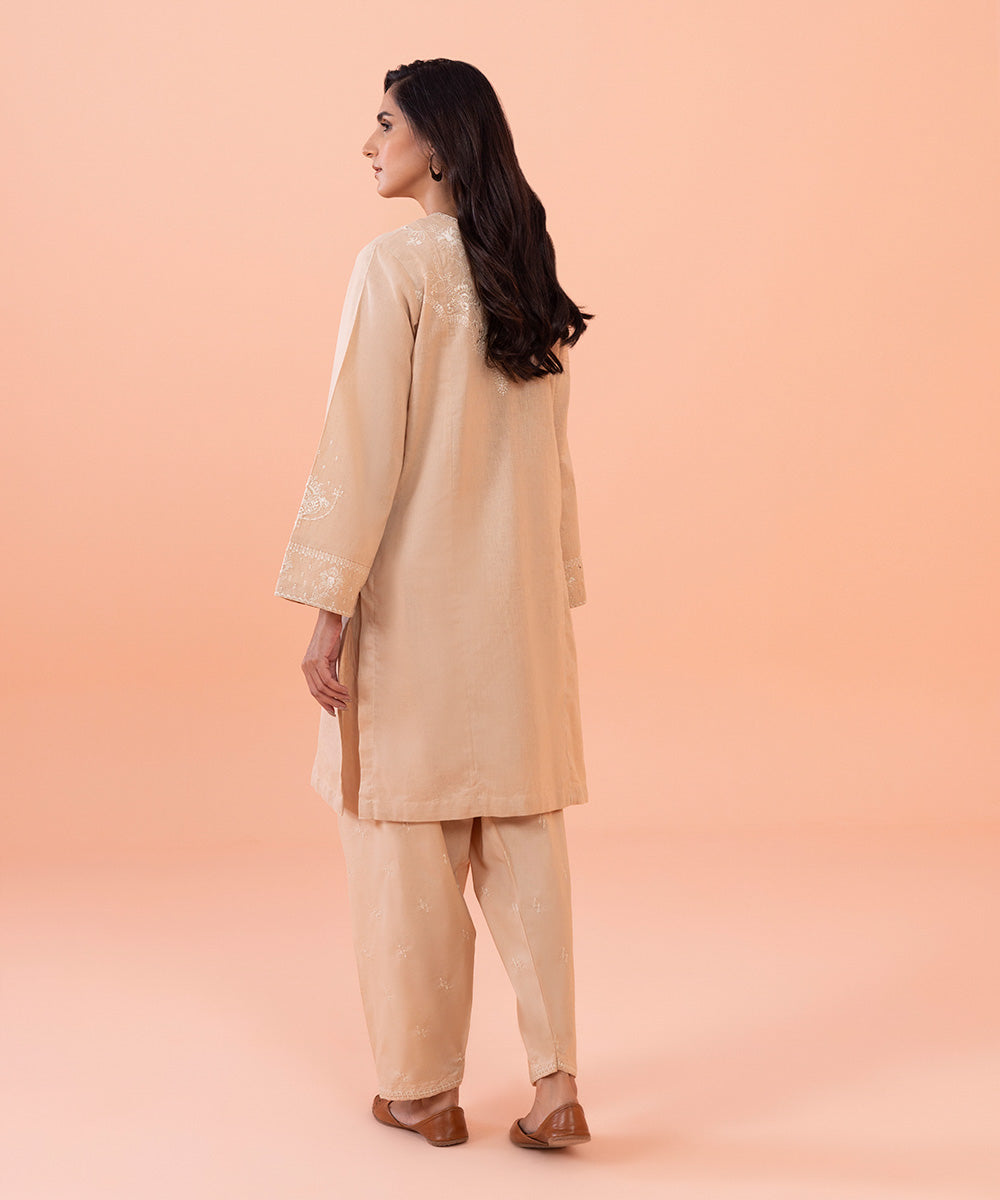 Women's Intermix Pret Linen Embroidered Cotton Linen Beige 2 Piece Suit