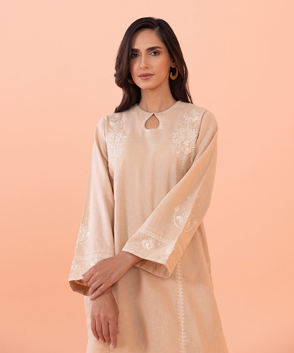 Women's Intermix Pret Linen Embroidered Cotton Linen Beige 2 Piece Suit