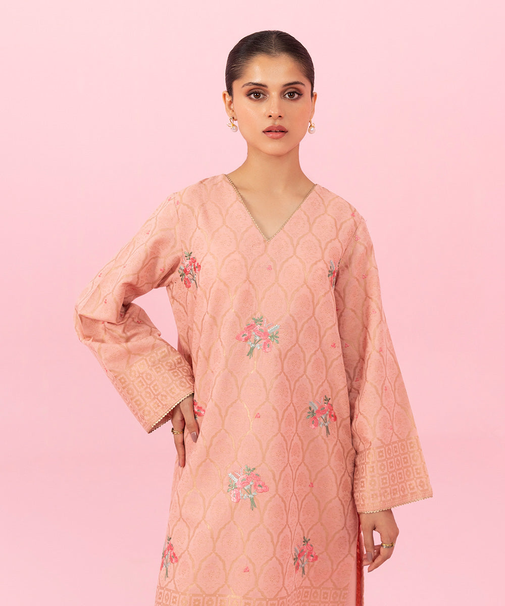 Women's Festive Pret Embroidered Extra Weft Jacquard Pink 2 Piece Suit