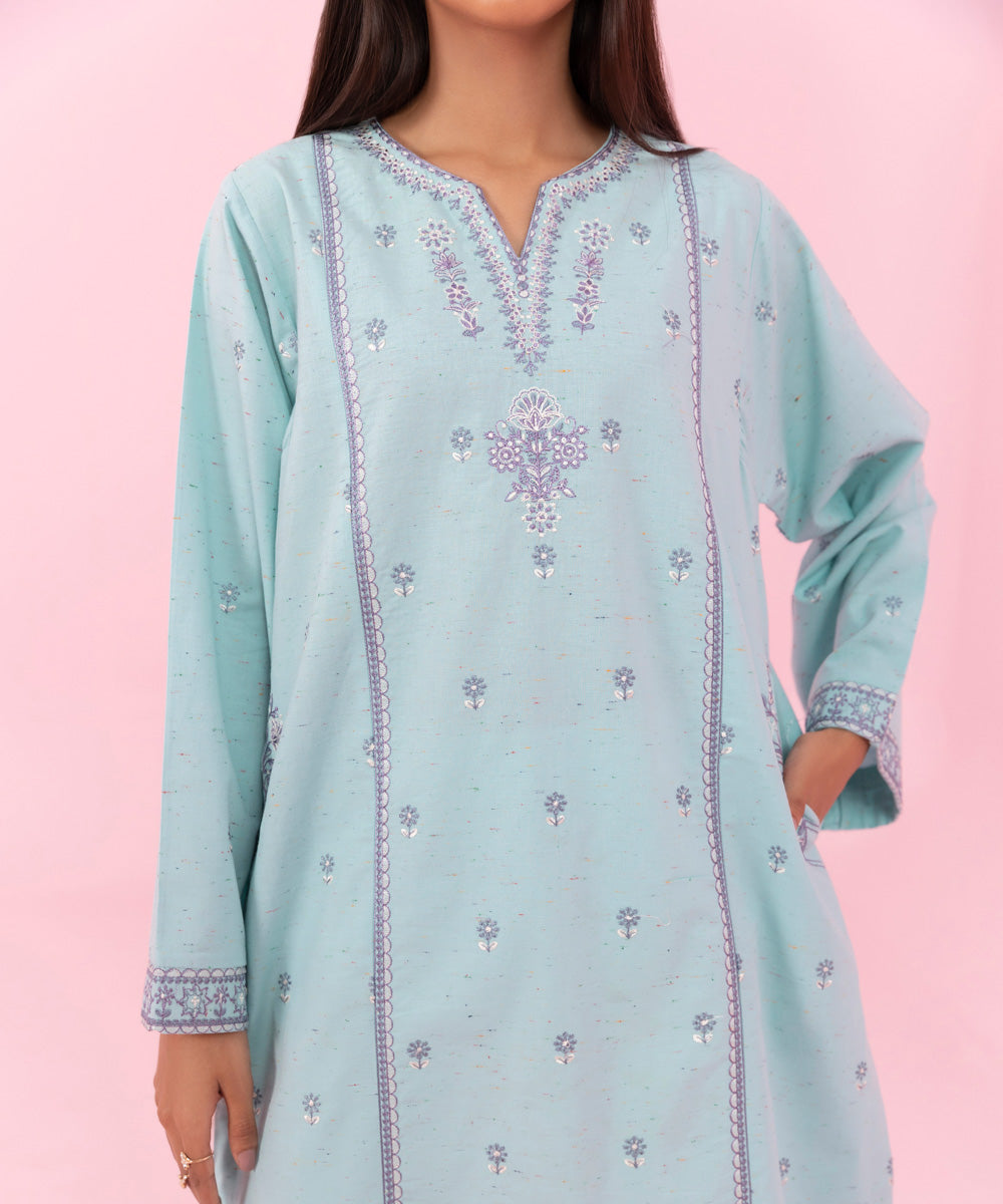 Women's Pret Embroidered Multi neps Blue Straight Shirt