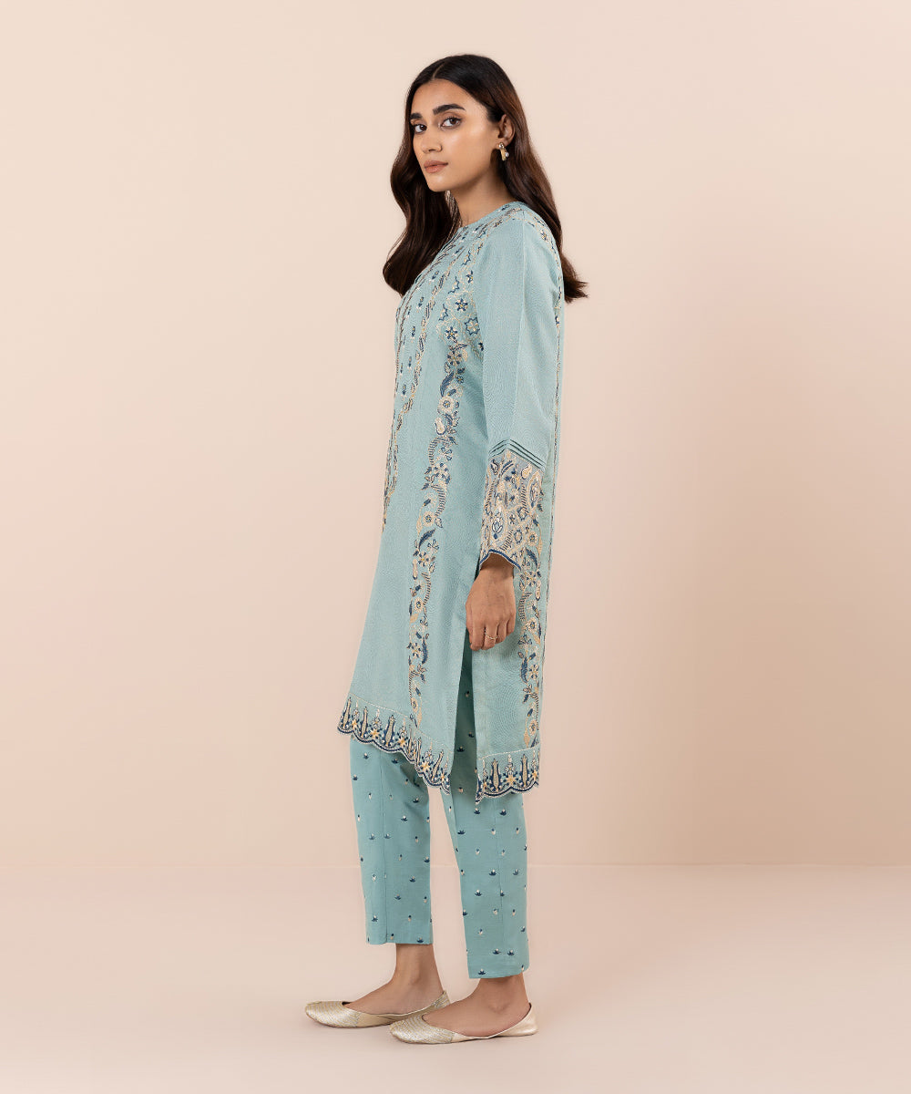 Women's Pret Zari Jacquard Embroidered Blue 2 Piece Suit