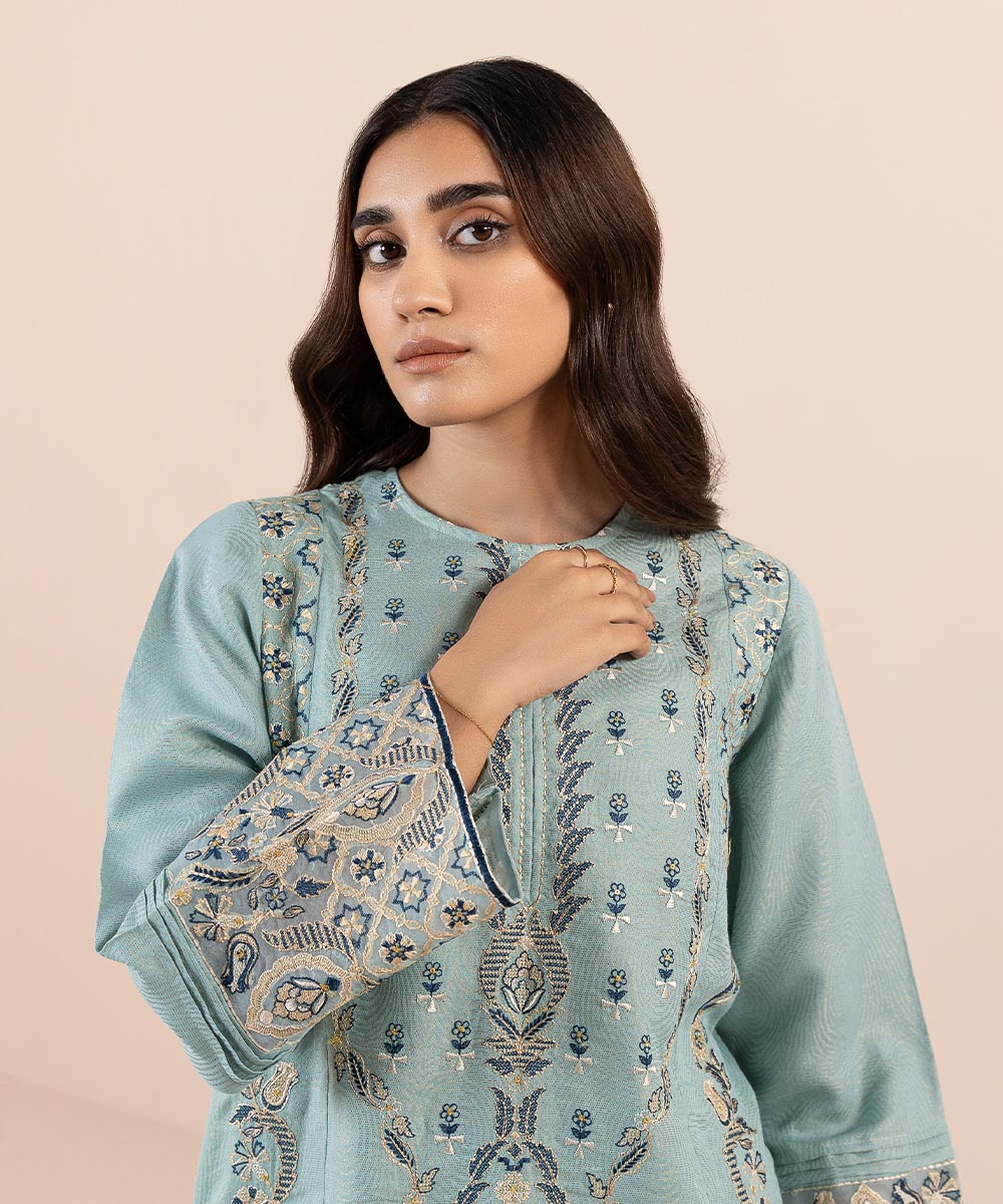 Women's Pret Zari Jacquard Embroidered Blue 2 Piece Suit