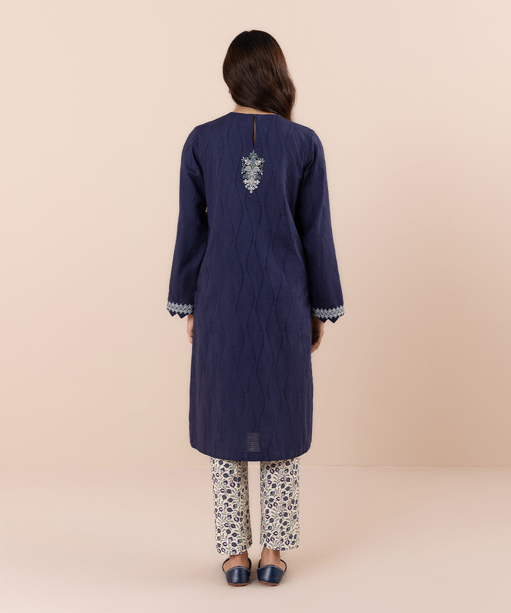 Women's Pret Self Jacquard Embroidered Blue 2 Piece Suit
