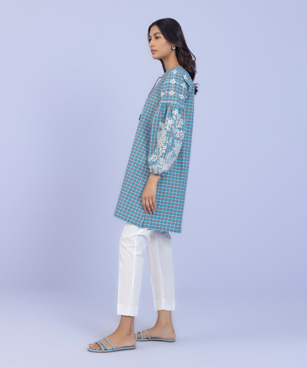 Women's Pret Yarn Dyed Embroidered Blue Straight Shirt