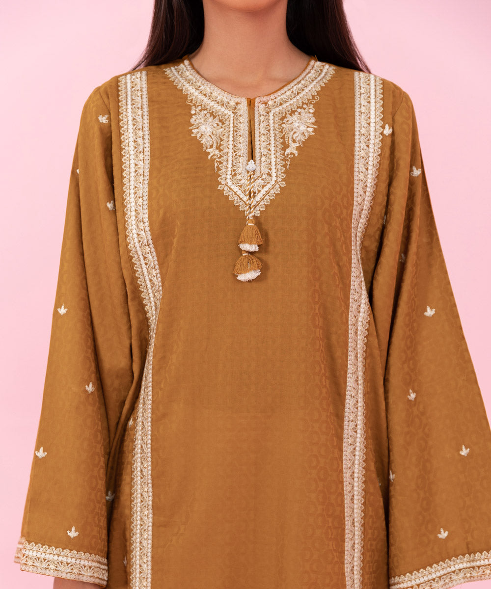 Women's Pret Embroidered Self Jacquard Brown Straight Shirt