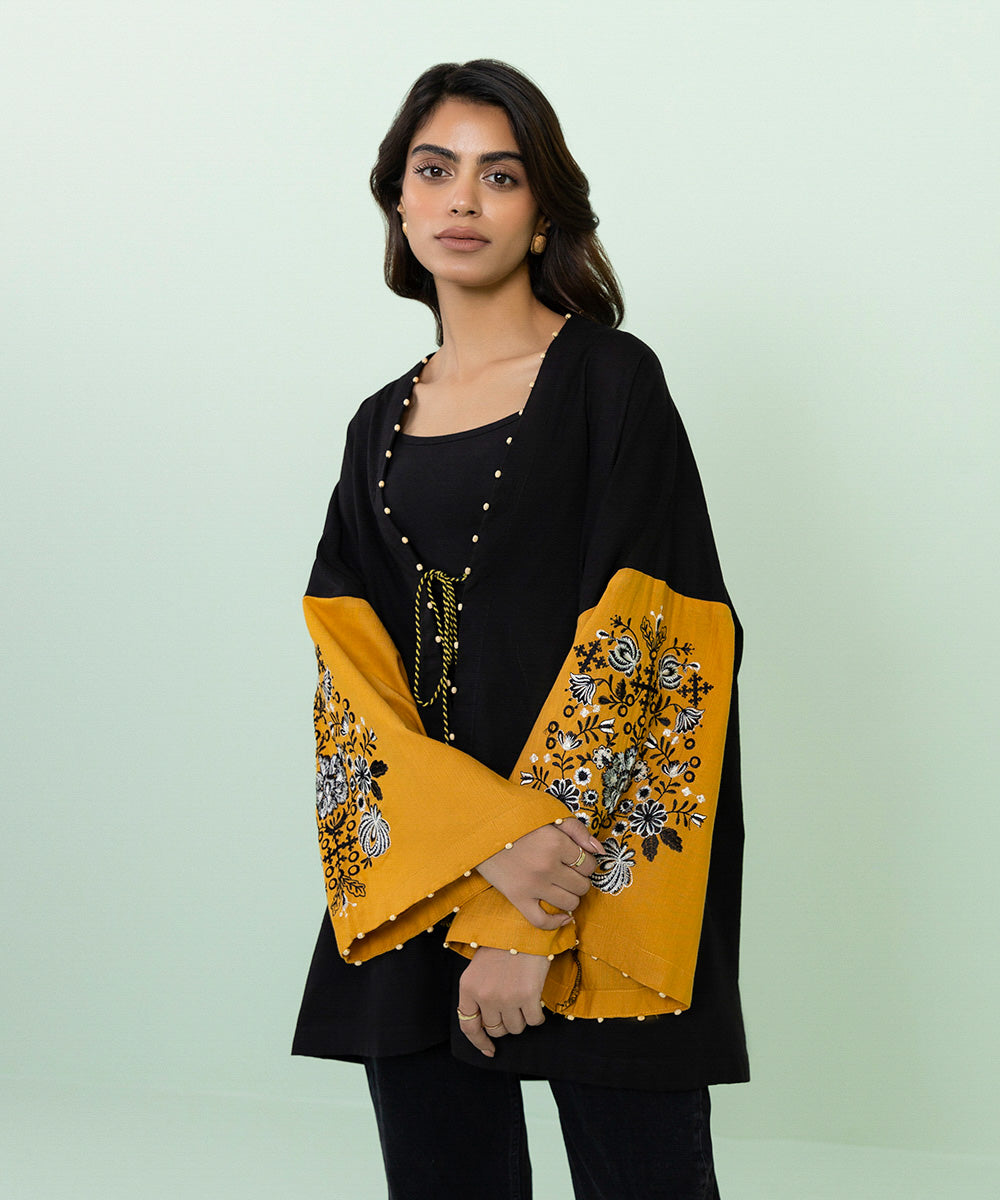 Women's Pret Khaddar Solid Embroidered Black Boxy Shirt