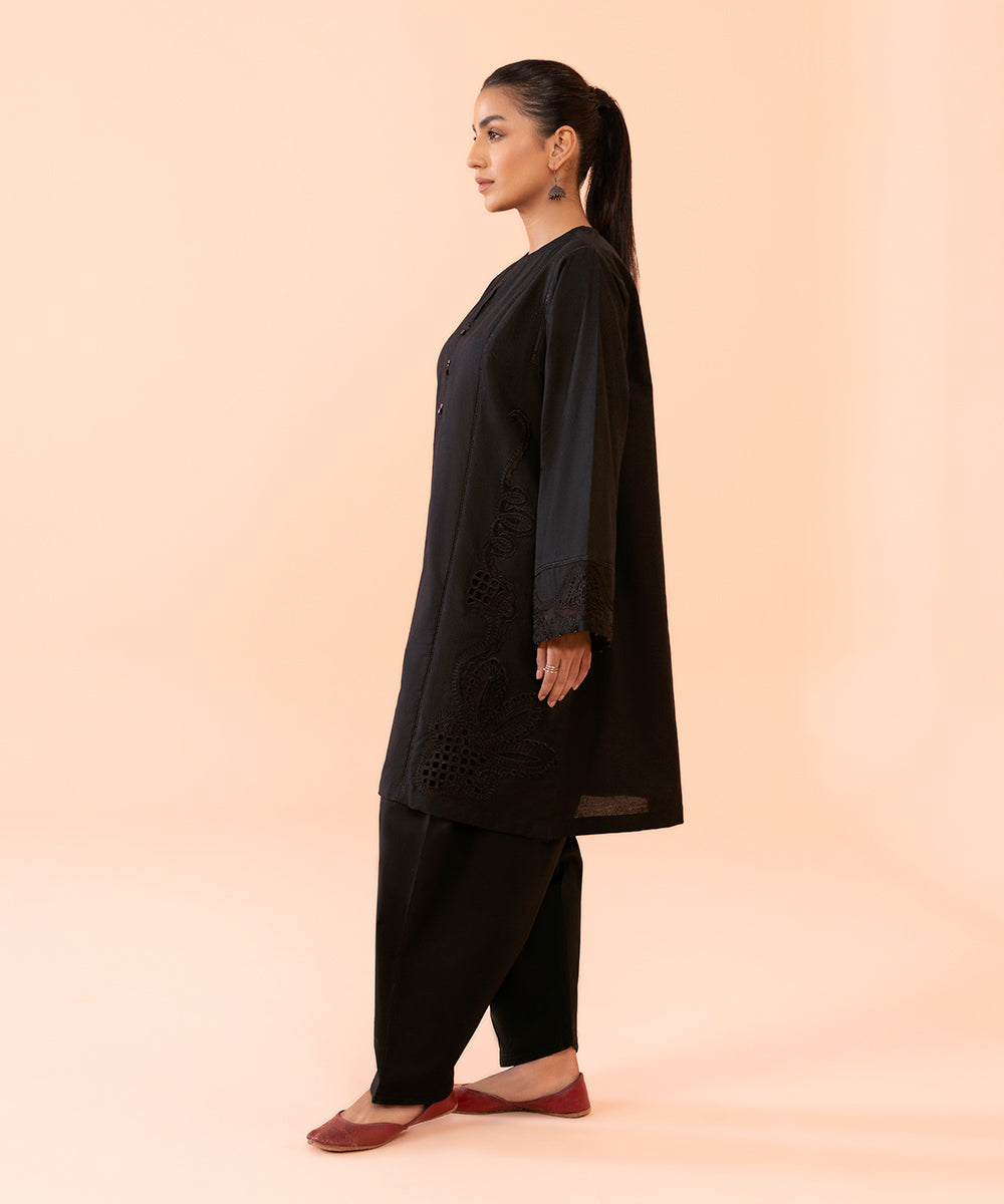 Women's Intermix Pret Embroidered Self Jacquard Black Shirt