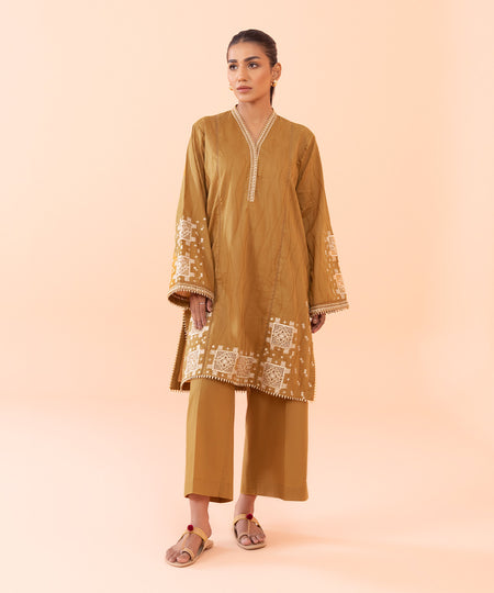 Women's Intermix Pret Embroidered Fine Cotton Satin Gold 2 Piece Suit