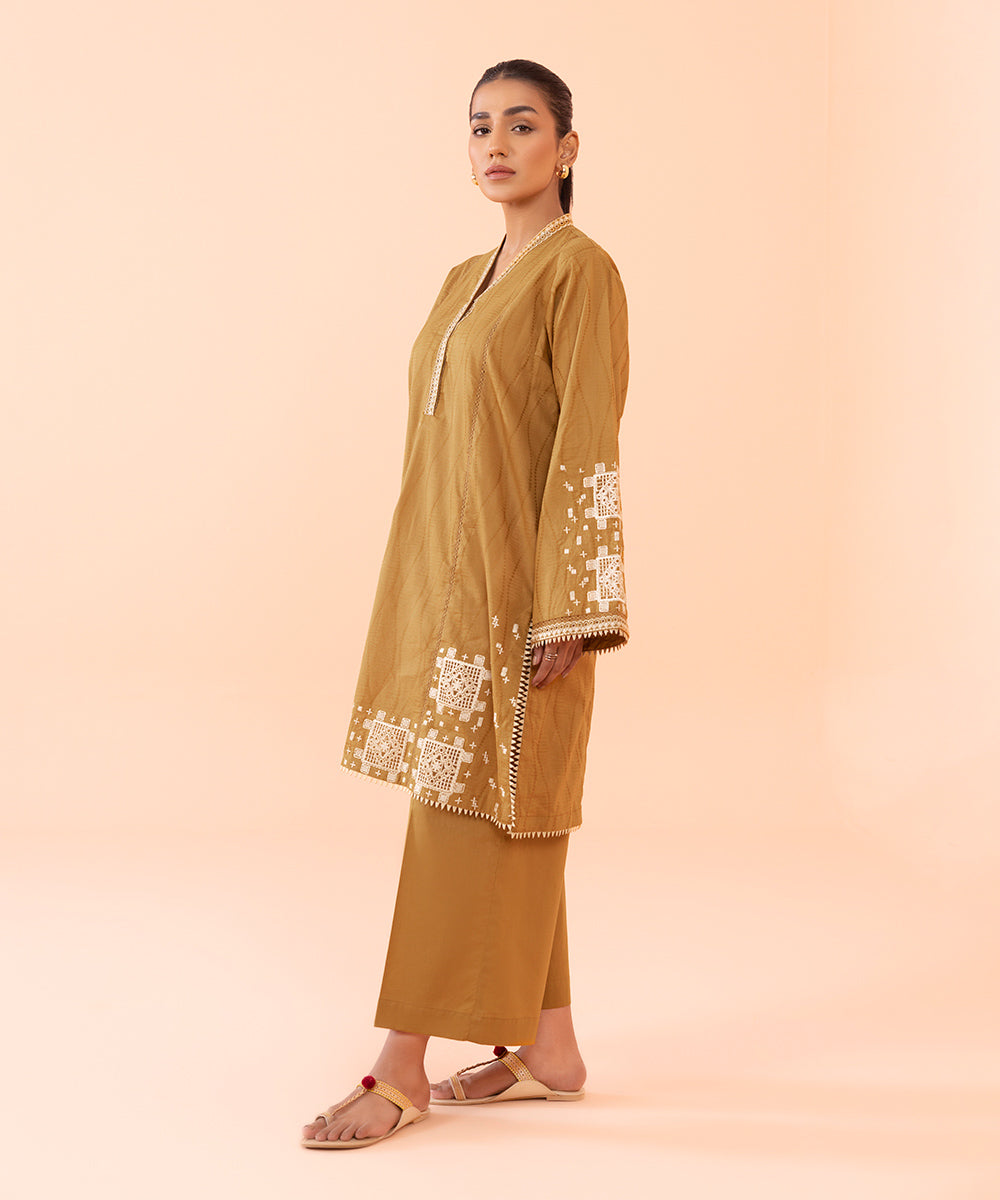 Women's Intermix Pret Embroidered Fine Cotton Satin Gold 2 Piece Suit
