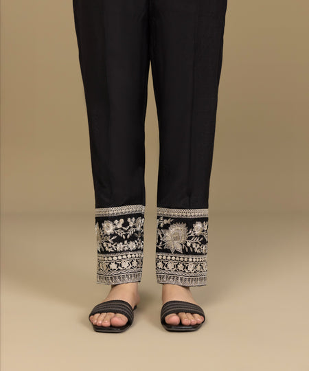 Women's Pret Raw Silk Black Embroidered Cigarette Pants