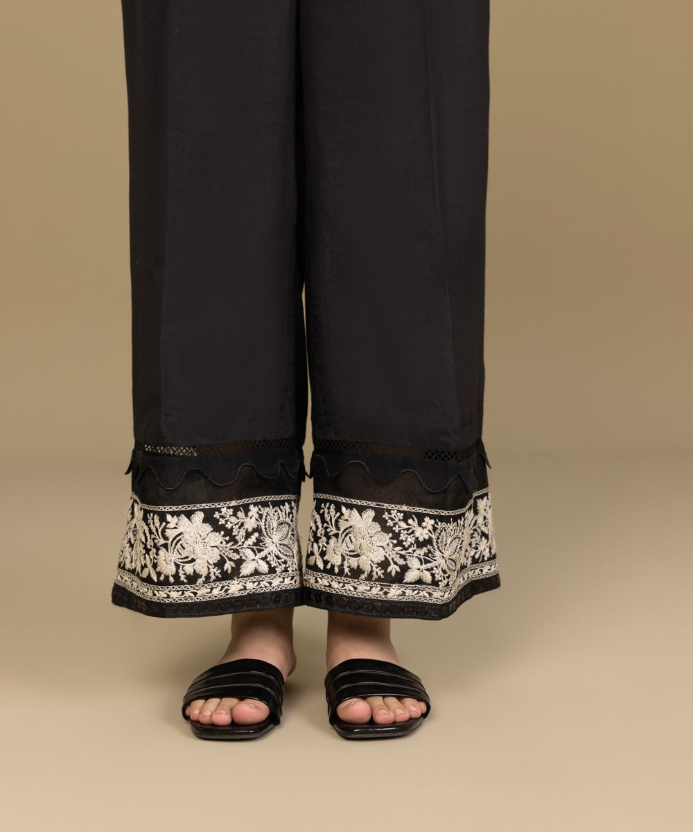 Women's Pret Raw Silk Black Embroidered Culottes