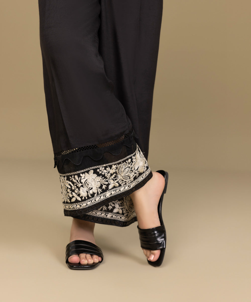 Women's Pret Raw Silk Black Embroidered Culottes