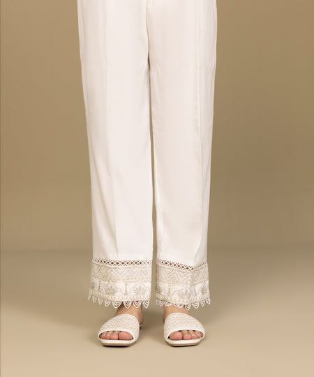 Women's Pret Raw Silk White Straight Trousers