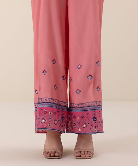 Women's Pret Viscose Raw Silk Embroidered Pink Culottes