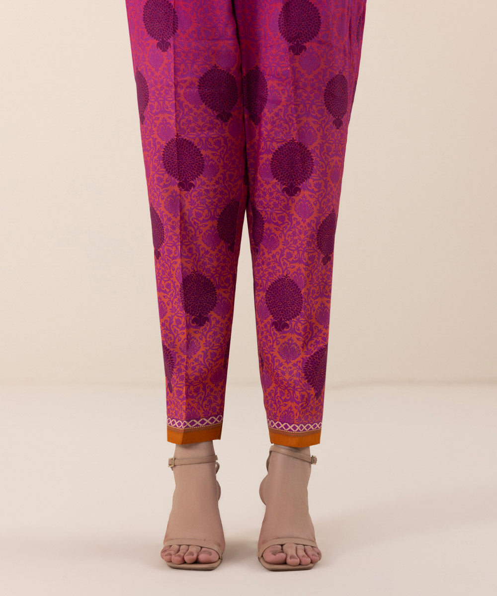 Women's Pret Viscose Raw Silk Printed Pink Cigarette Pants