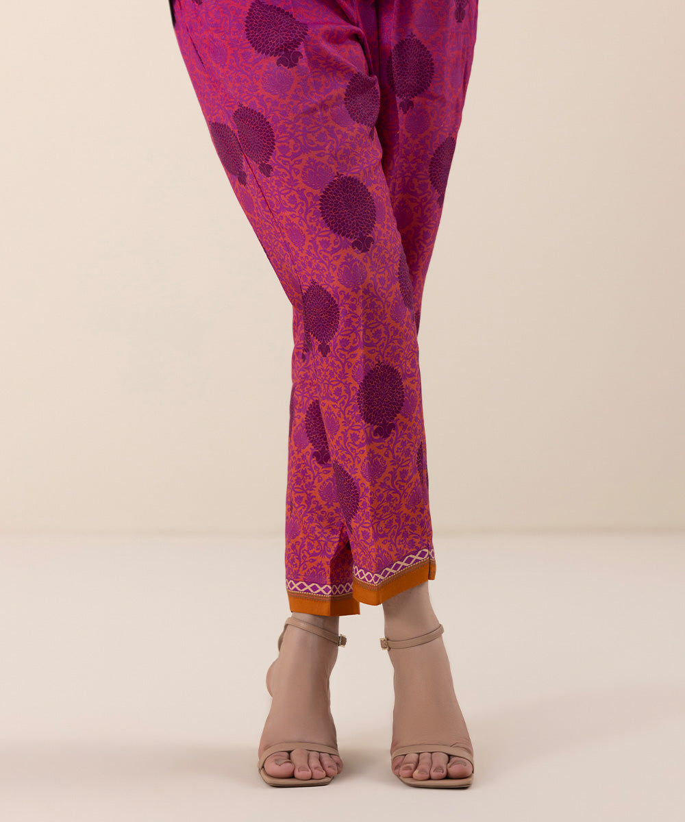 Women's Pret Viscose Raw Silk Printed Pink Cigarette Pants