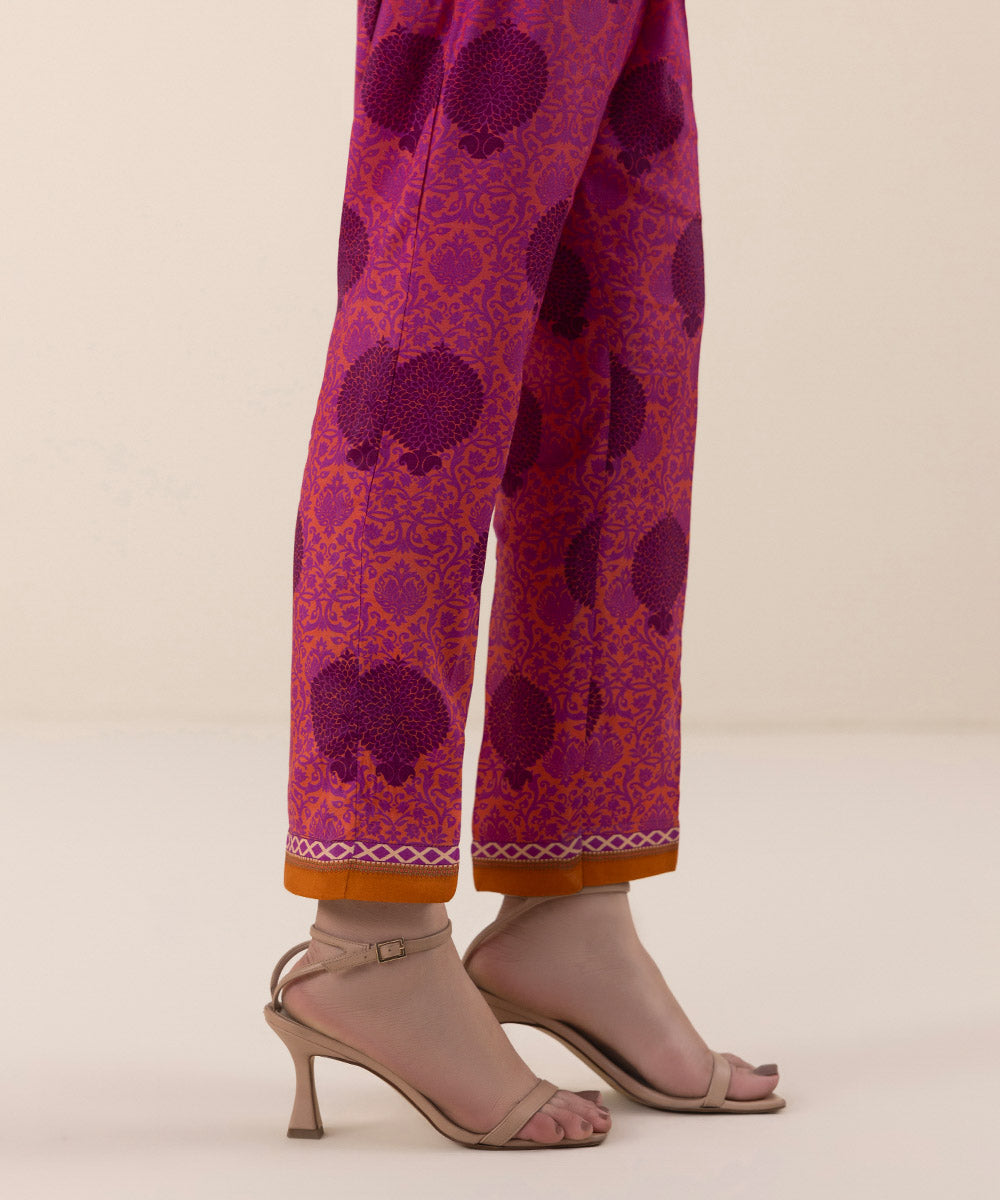 Women's Pret Viscose Raw Silk Printed Pink Cigarette Pants