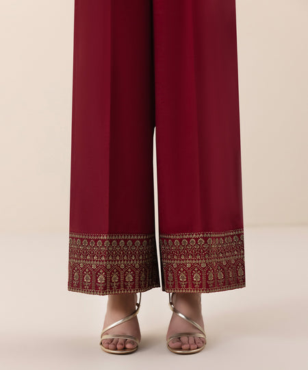 Women's Pret Viscose Raw Silk Embroidered Red Culottes