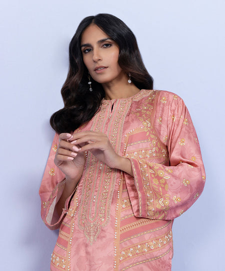 Women's Pret Blended Satin Embroidered Pink Straight Shirt