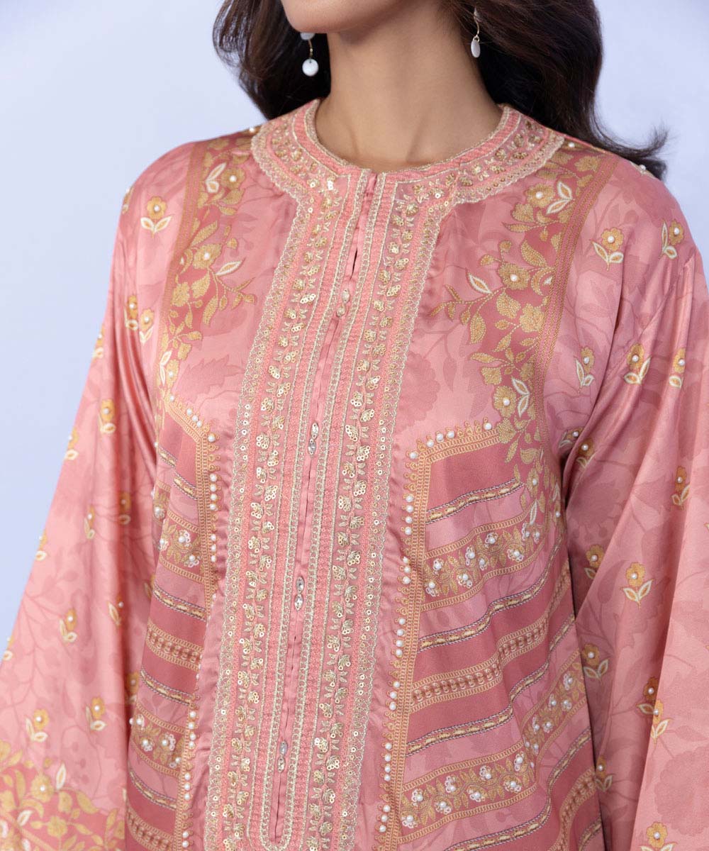 Women's Pret Blended Satin Embroidered Pink Straight Shirt
