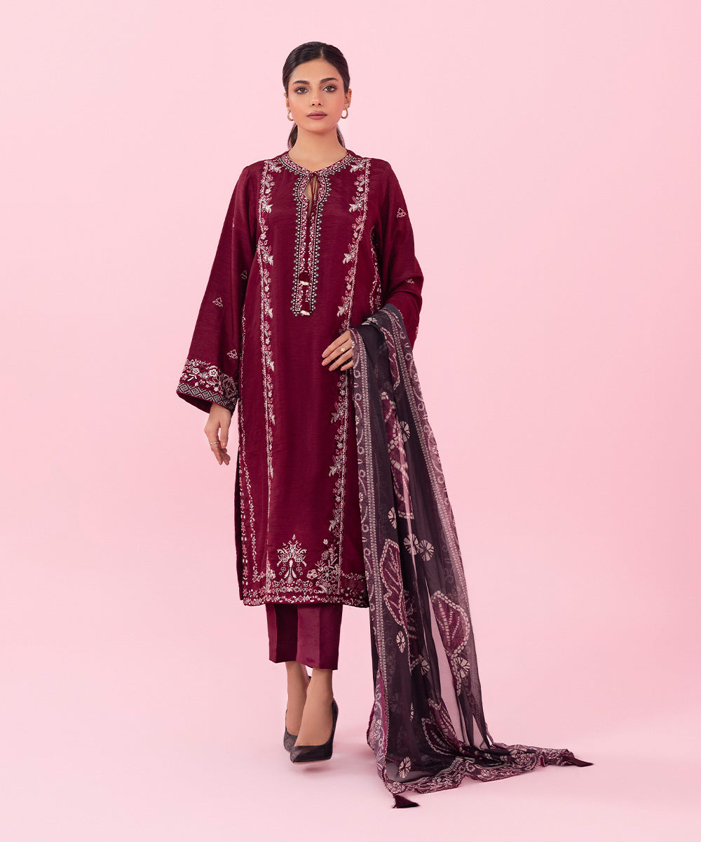 Women's Festive Pret Embroidered Raw Silk Red 3 Piece Suit