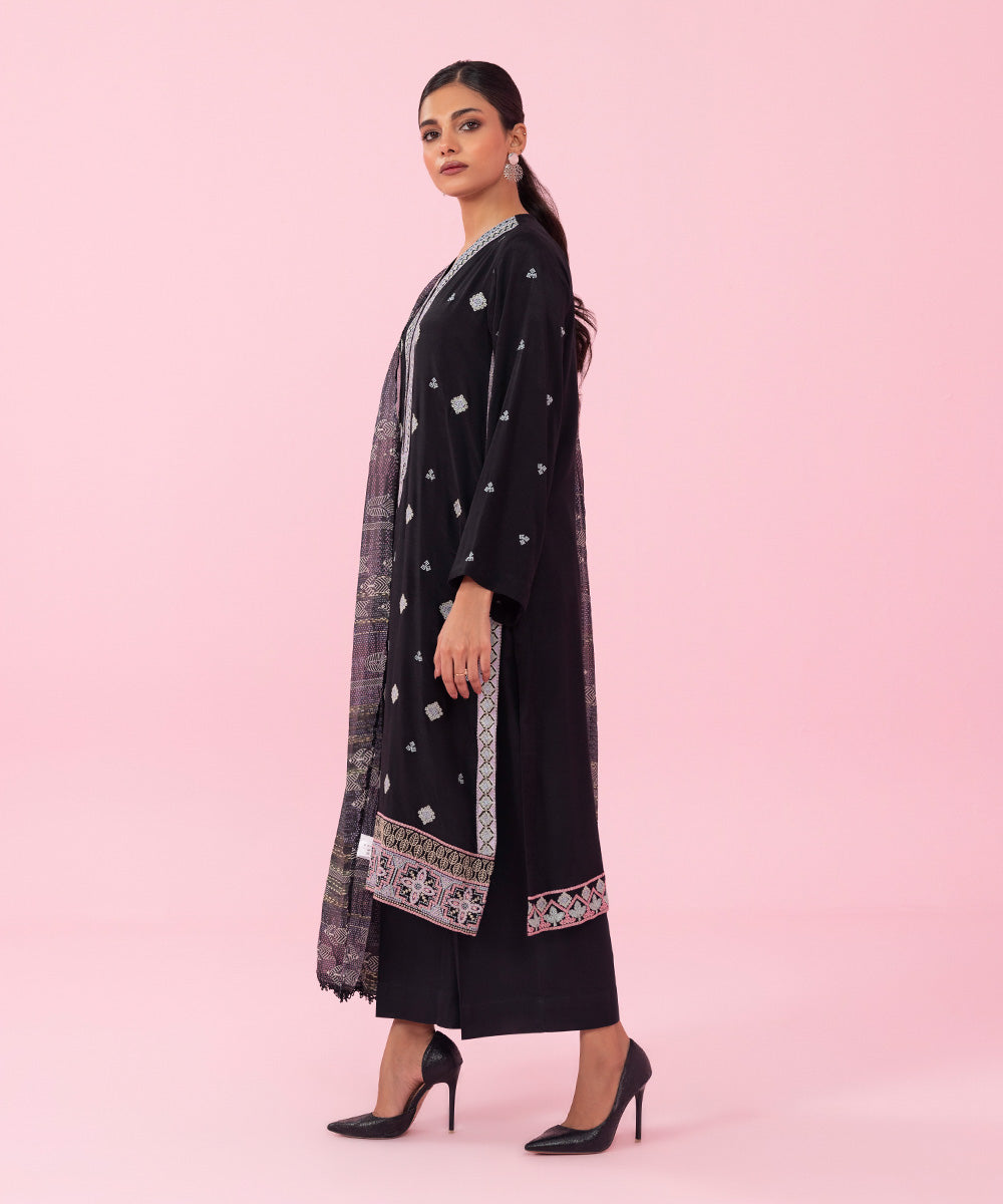 Women's Festive Pret Embroidered Raw Silk Black 2 Piece Suit