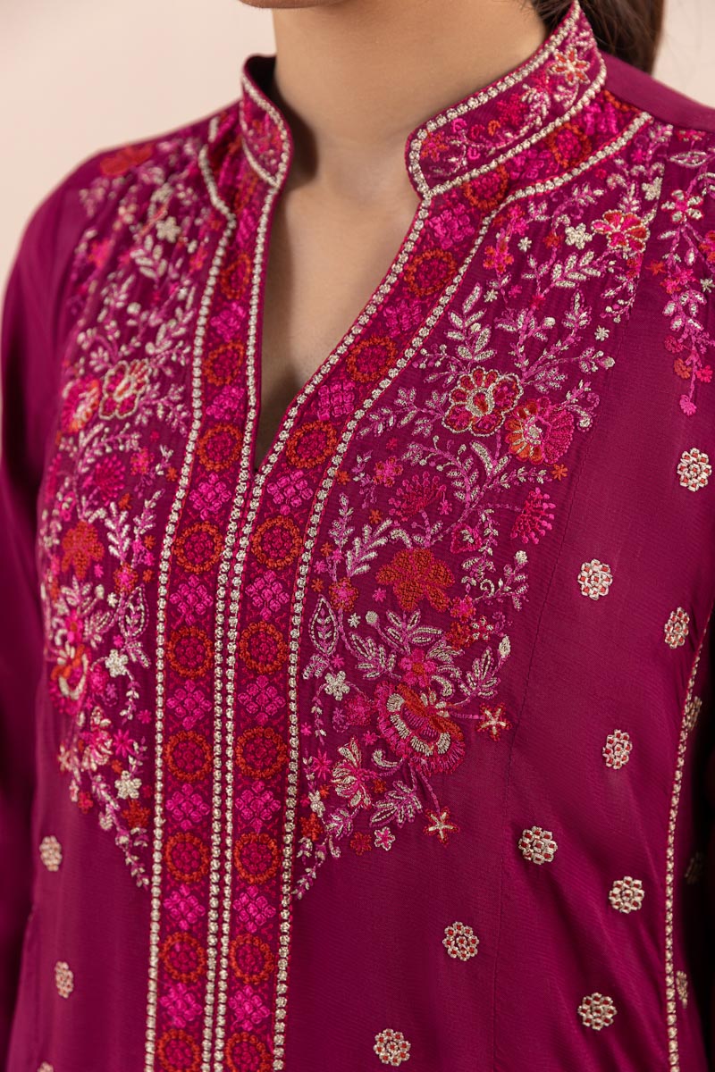 Women's Pret Viscose Raw Silk Embroidered Pink 3 Piece Suit
