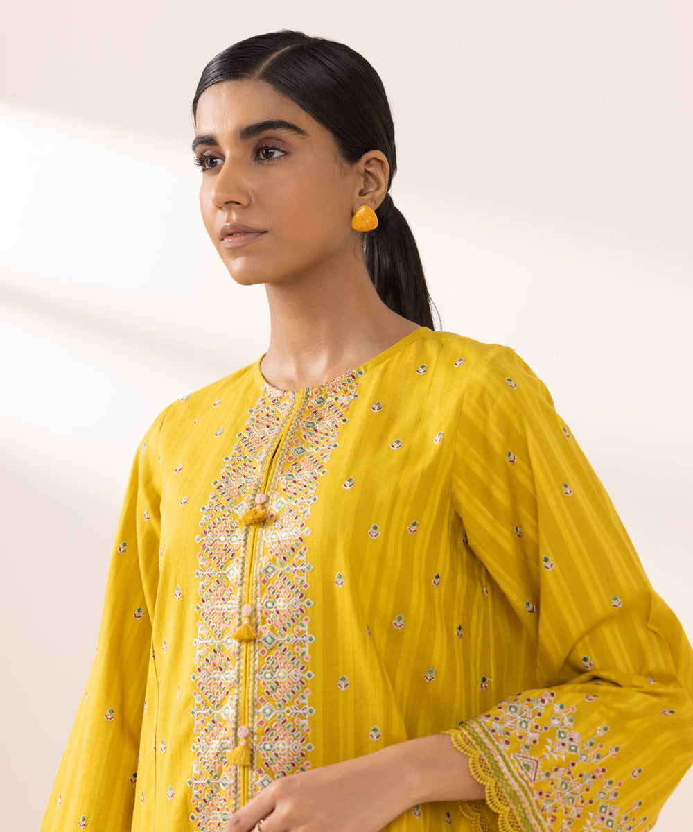 Women's Pret Dobby Solid Embroidered Yellow A-Line Shirt