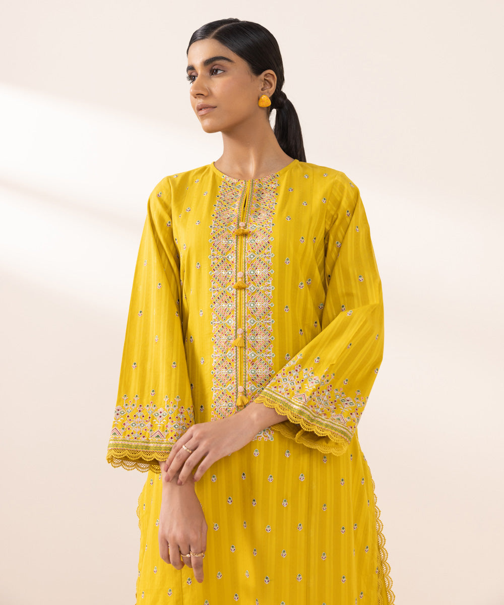 Women's Pret Dobby Solid Embroidered Yellow A-Line Shirt