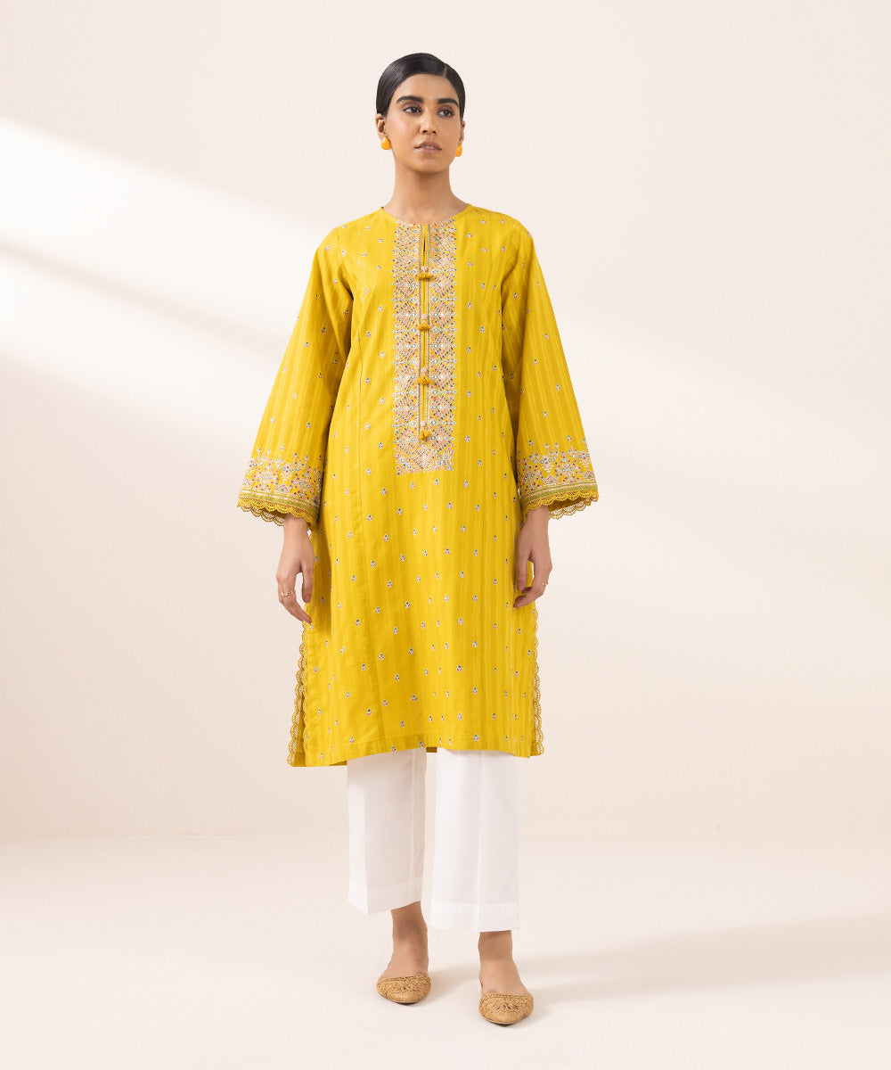 Women's Pret Dobby Solid Embroidered Yellow A-Line Shirt