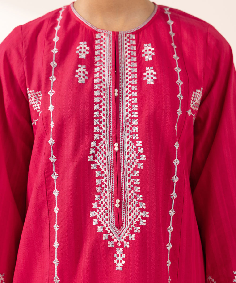 Women's Pret Dobby Solid Embroidered Pink A-Line Shirt