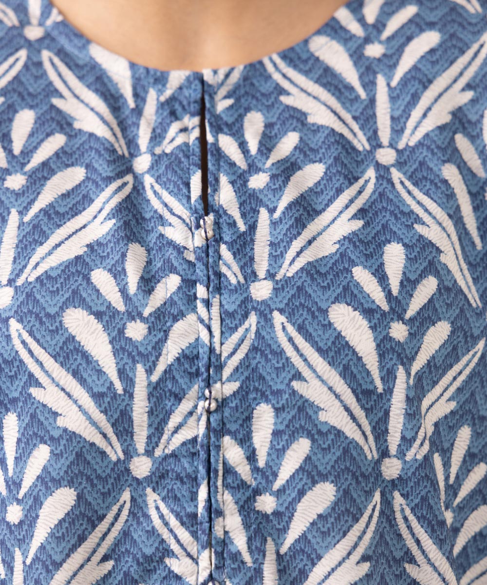 Women's Pret Cotton Viscose Printed Blue Straight Shirt