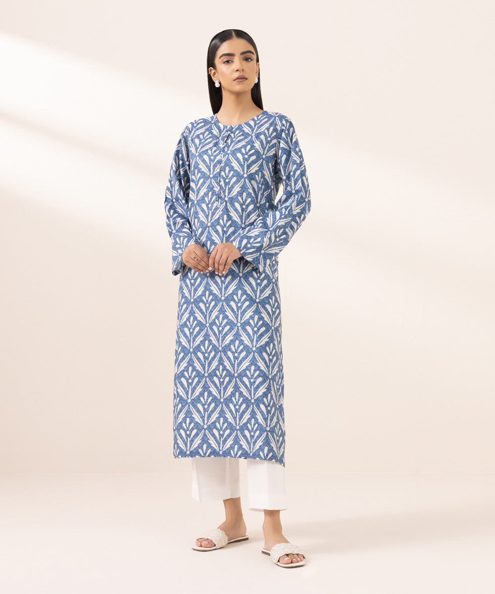 Women's Pret Cotton Viscose Printed Blue Straight Shirt