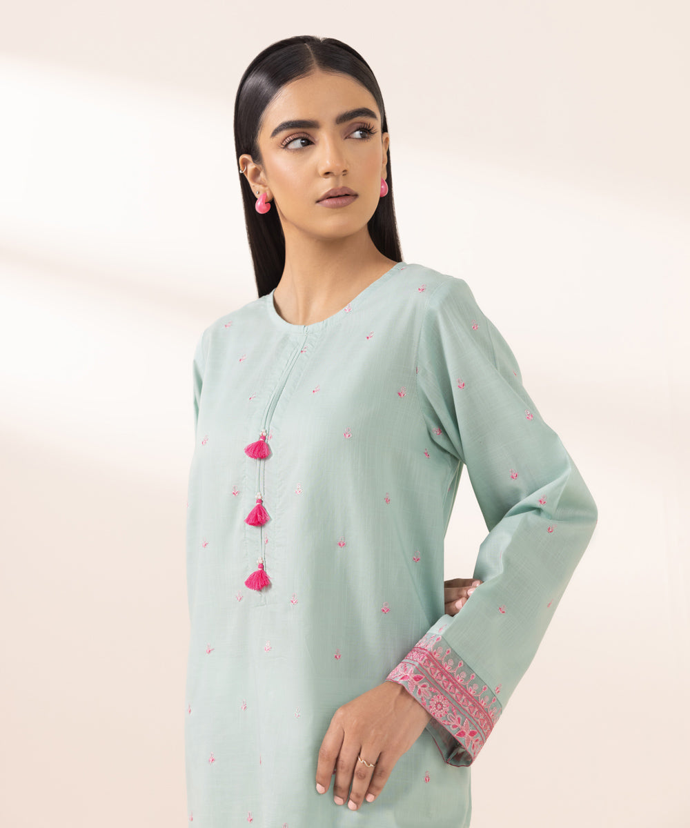 Women's Pret Cross Hatch Embellished Blue A-Line Shirt