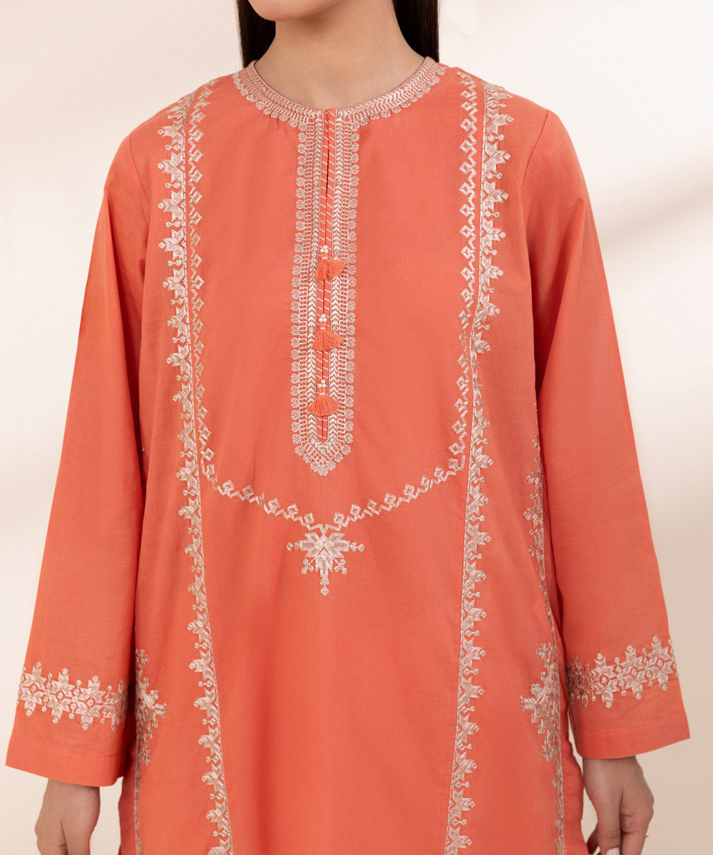 Women's Pret Cross Hatch Embroidered Orange A-Line Shirt