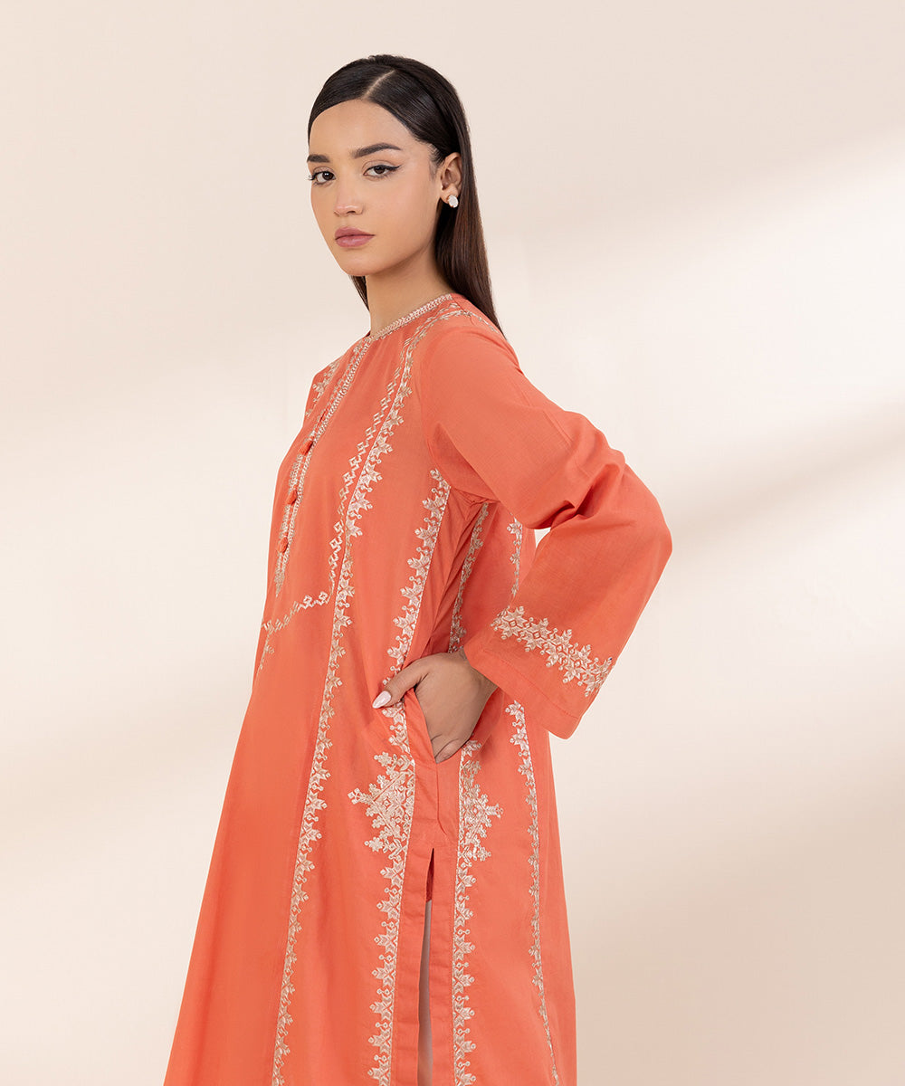 Women's Pret Cross Hatch Embroidered Orange A-Line Shirt