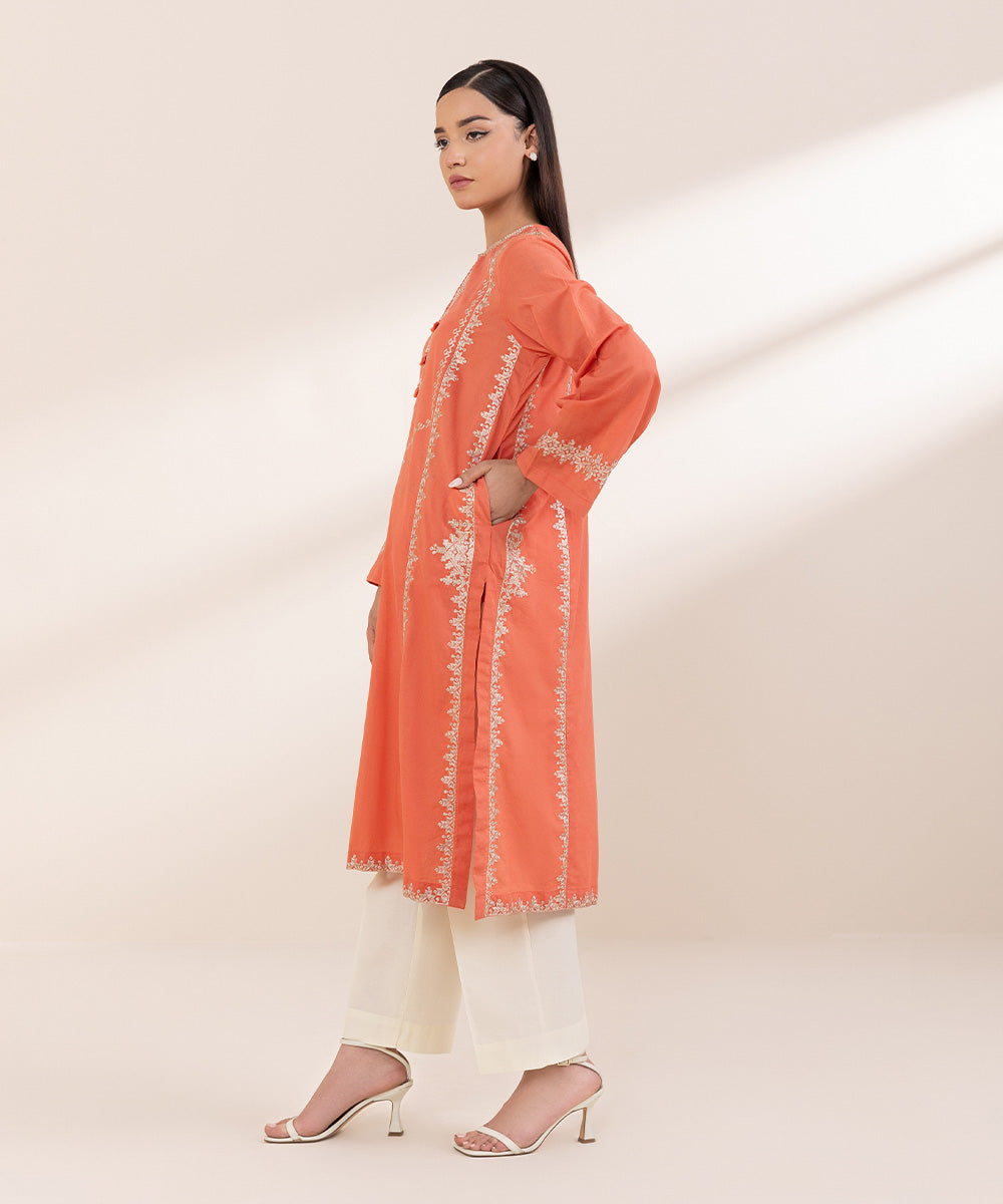 Women's Pret Cross Hatch Embroidered Orange A-Line Shirt