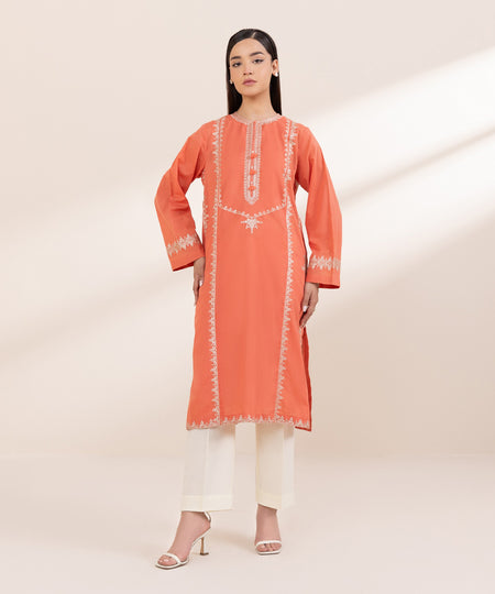 Women's Pret Cross Hatch Embroidered Orange A-Line Shirt