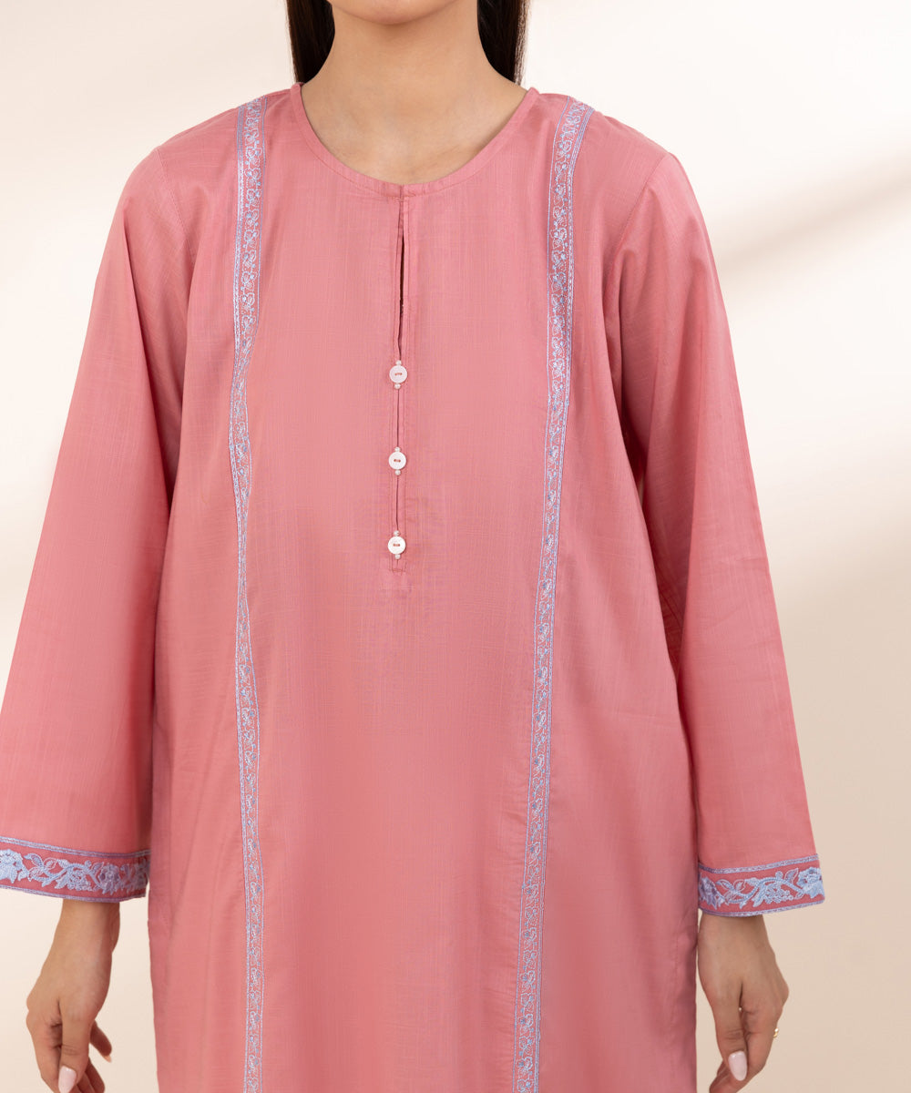 Women's Pret Cross Hatch Embroidered Pink A-Line Shirt