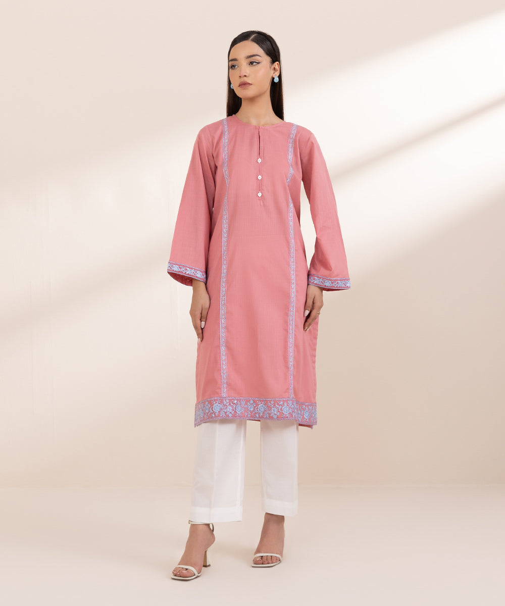 Women's Pret Cross Hatch Embroidered Pink A-Line Shirt