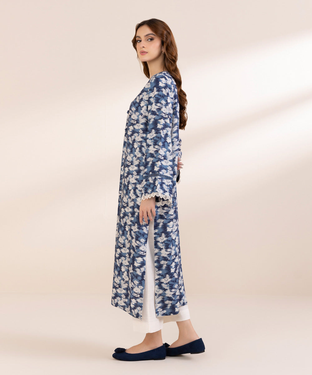 Women's Pret Linen Blue Printed A-Line Shirt