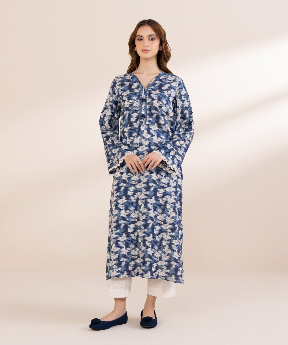 Women's Pret Linen Blue Printed A-Line Shirt