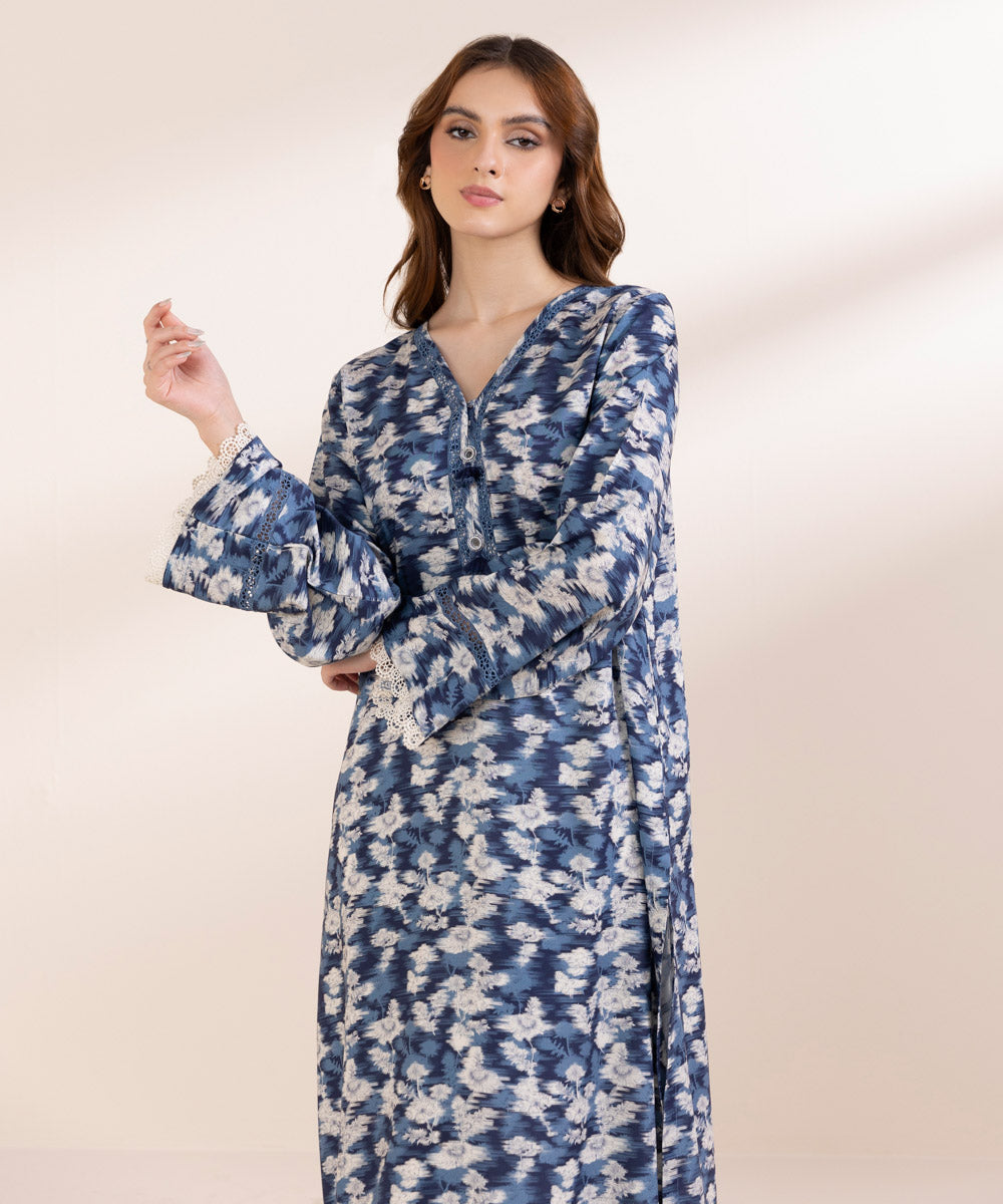 Women's Pret Linen Blue Printed A-Line Shirt