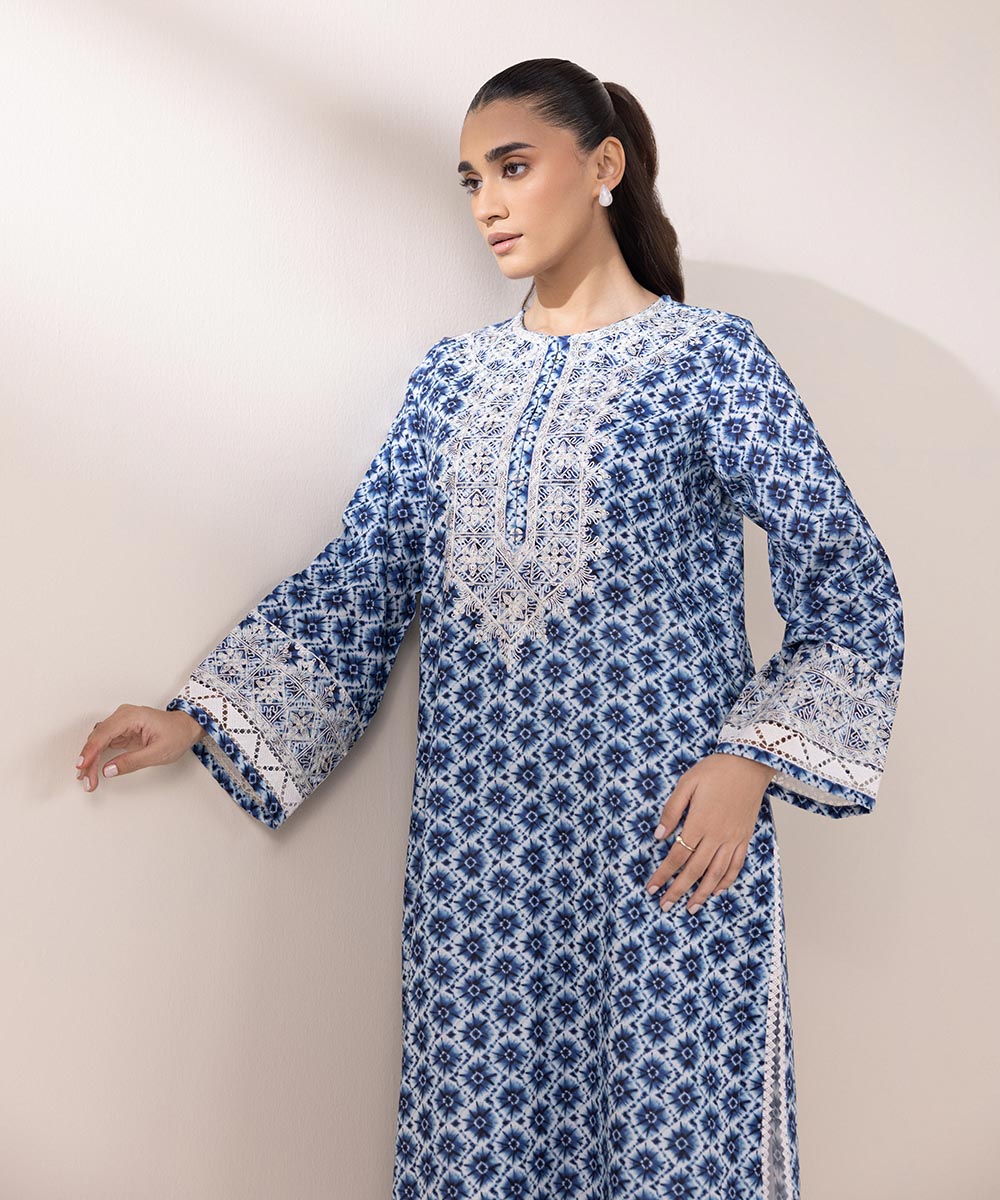 Women's Pret Khaddar Embroidered Ocean Blue A-Line Shirt