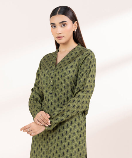 Women's Pret Linen Printed Olive Green Straight Shirt