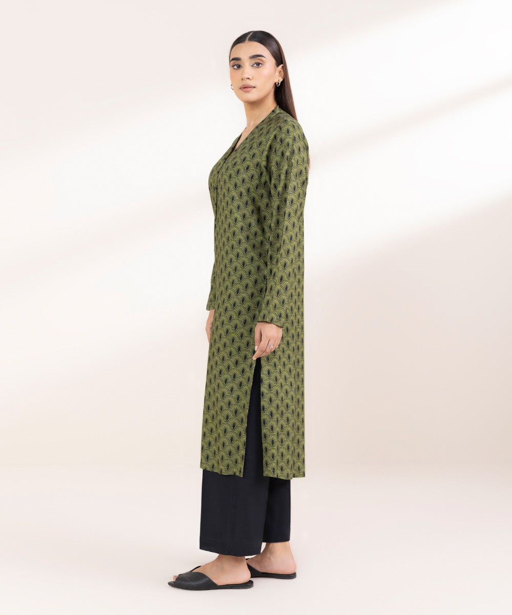 Women's Pret Linen Printed Olive Green Straight Shirt